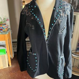 Crazy Train stretch blazer with leopard and faux turquoise studs. Size L.